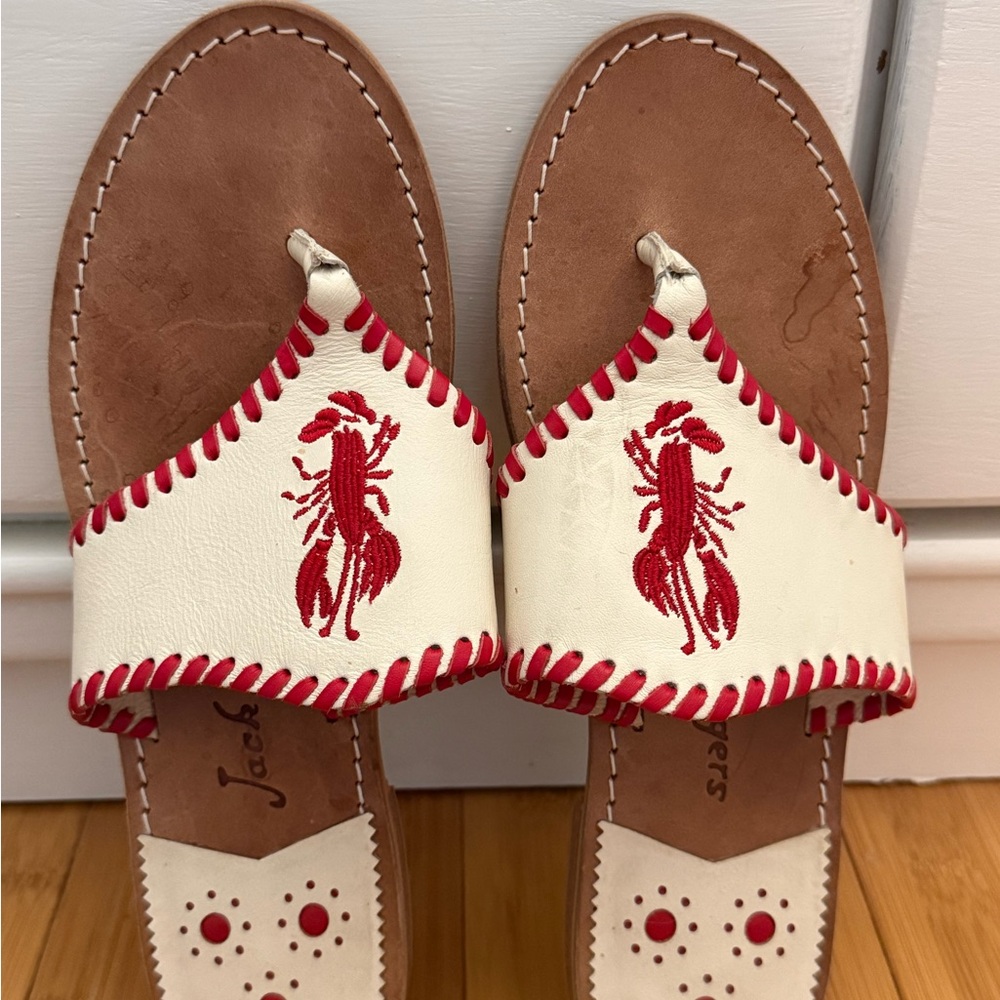 Jack Rodger’s White and Red Lobster Embroidered Leather Thong Sandals
